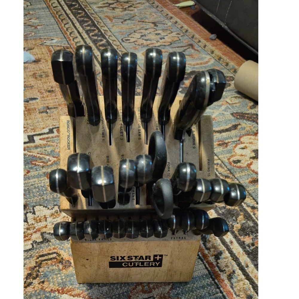 Ronco Six Star Plus Cutlery 30 Piece Knife Set with Wood Block Black Handles